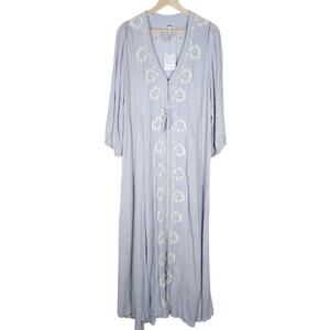 Free People Fable Dress Large Purple Floral Embroidered Boho V Neck Tie Waist